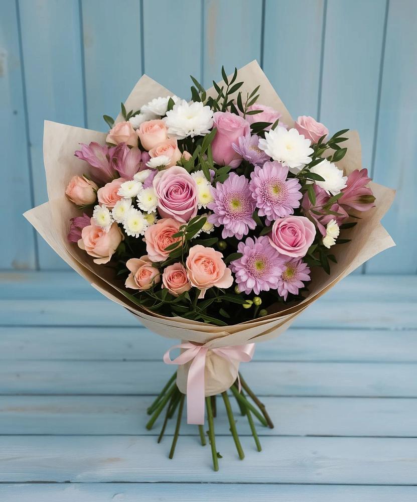 Букет цветов из: Хризантемы, Розы и Альстромерии в Венцах