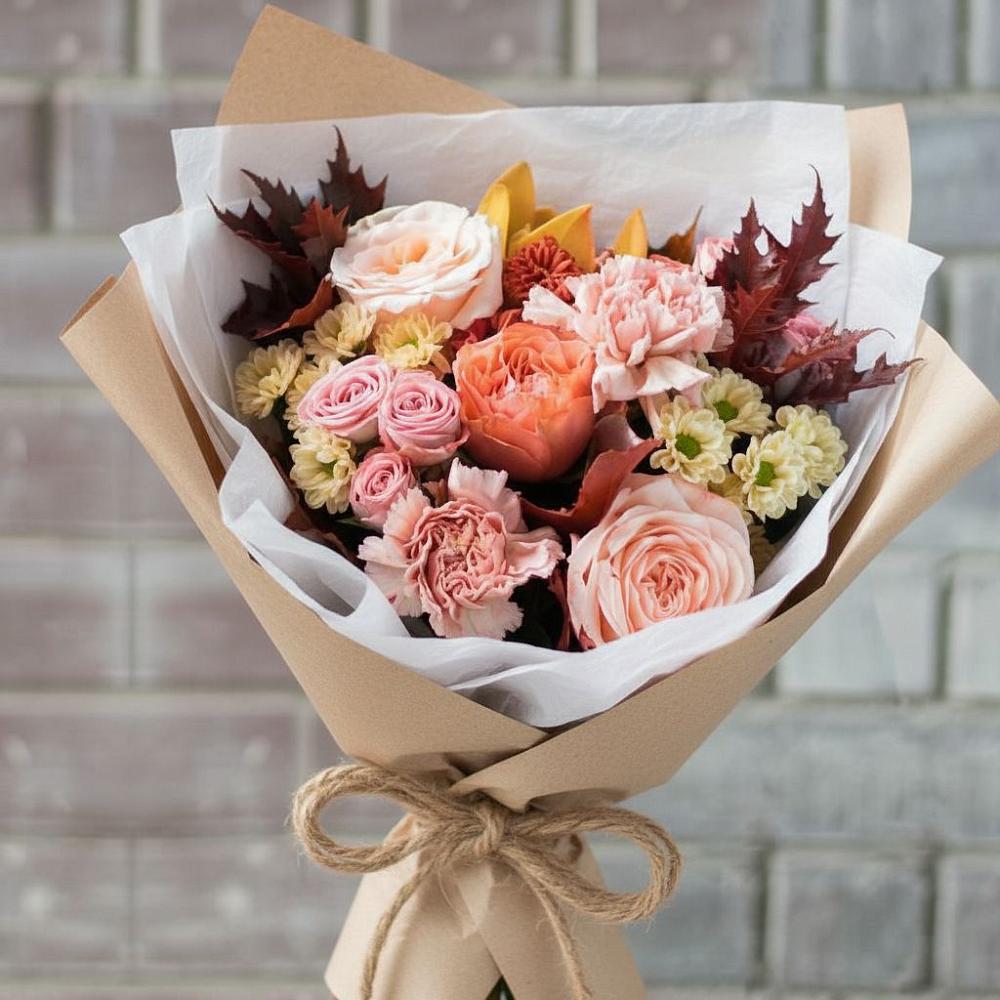 Букет цветов из: Гвоздики, Хризантемы и Розы в Венцах