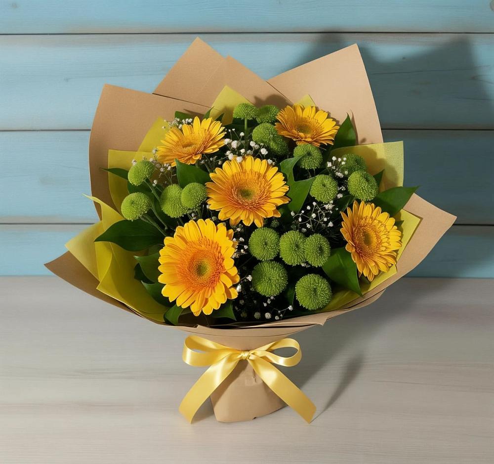 Букет цветов из: Герберы и Хризантемы в Венцах