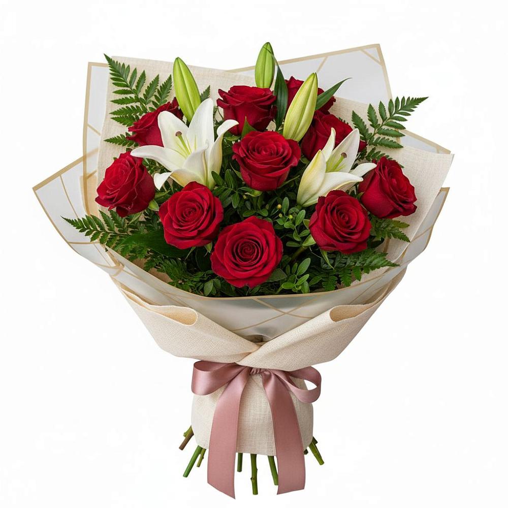 Букет цветов из: Лилии и Розы в Венцах