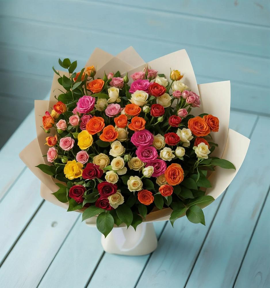 Букет Микс из разноцветных кустовых роз в Венцах