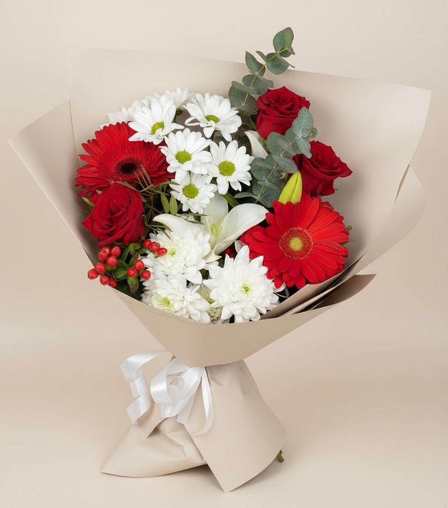 Букет цветов из: Розы, Хризантемы, Герберы и Лилии в Венцах