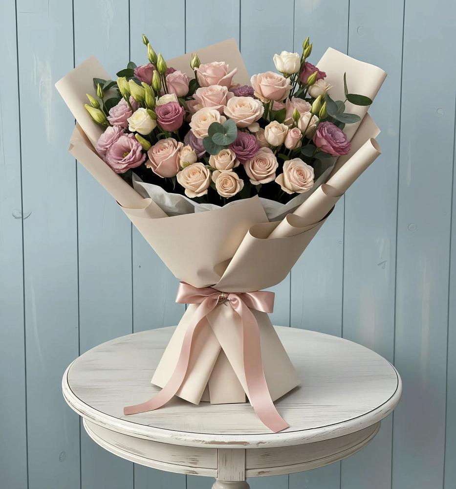 Букет цветов из: Розы и Лизиантусы в Венцах