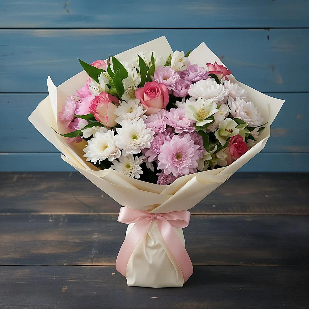 Букет цветов из: Хризантемы, Альстромерии и Розы в Венцах